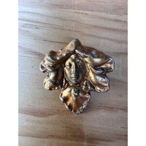 Vintage Gold-Tone Lady Face Brooch Pin With Leaf Design & Wear